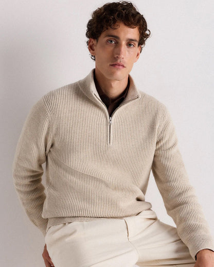 Ribbed Quarter Zip Jumper - Off White