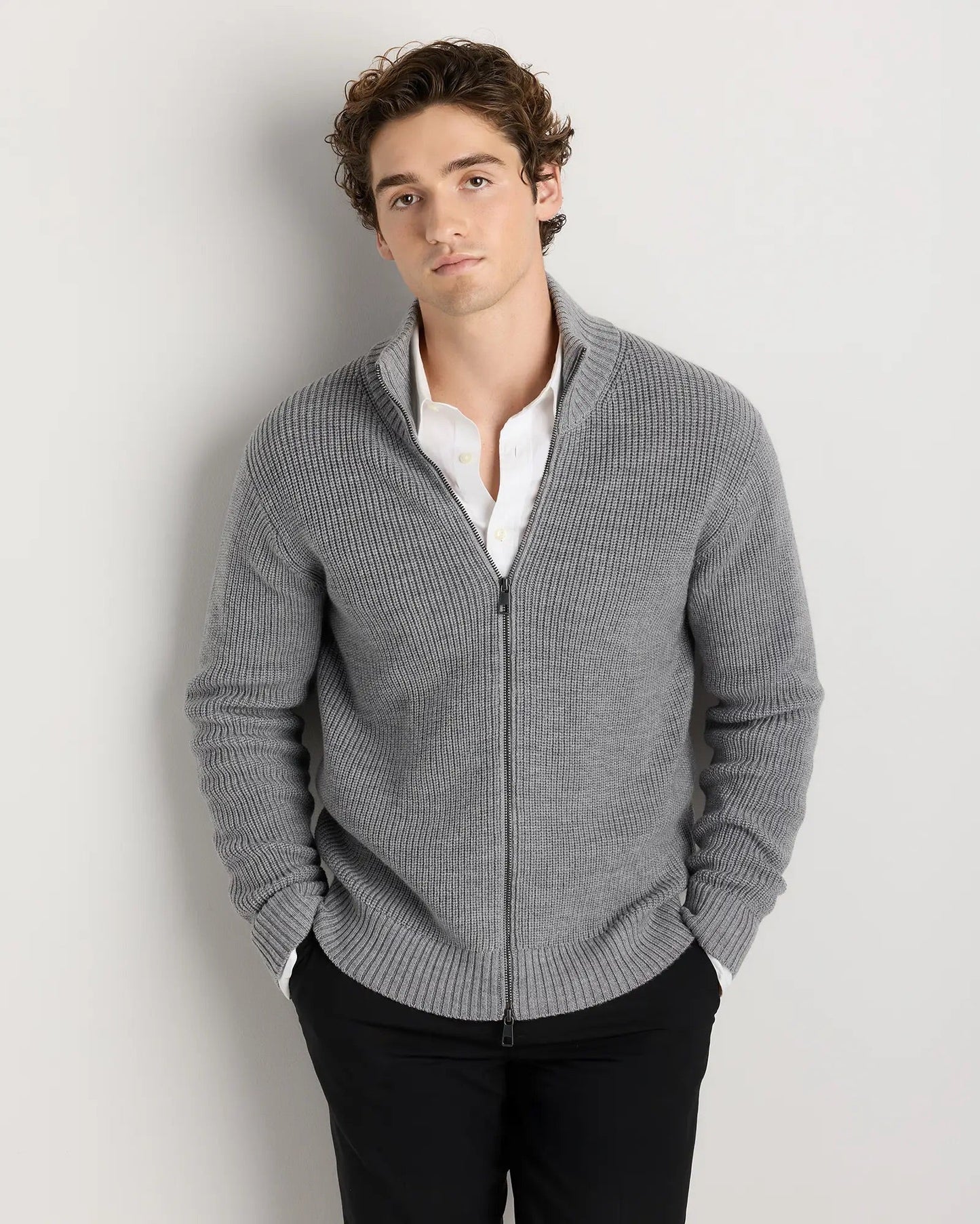Men's 100% Cotton Jumper with Front Zipper - Grey