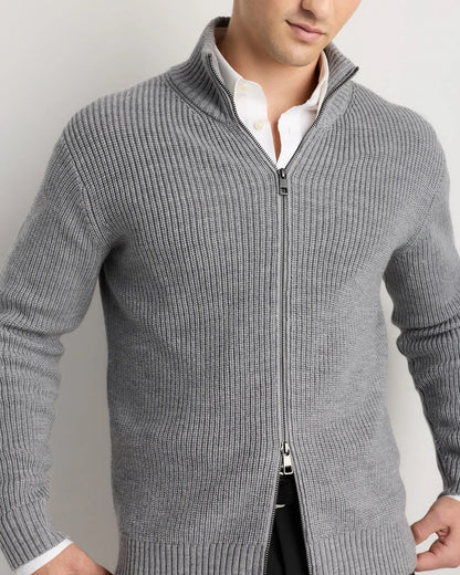 Men's 100% Cotton Jumper with Front Zipper - Grey