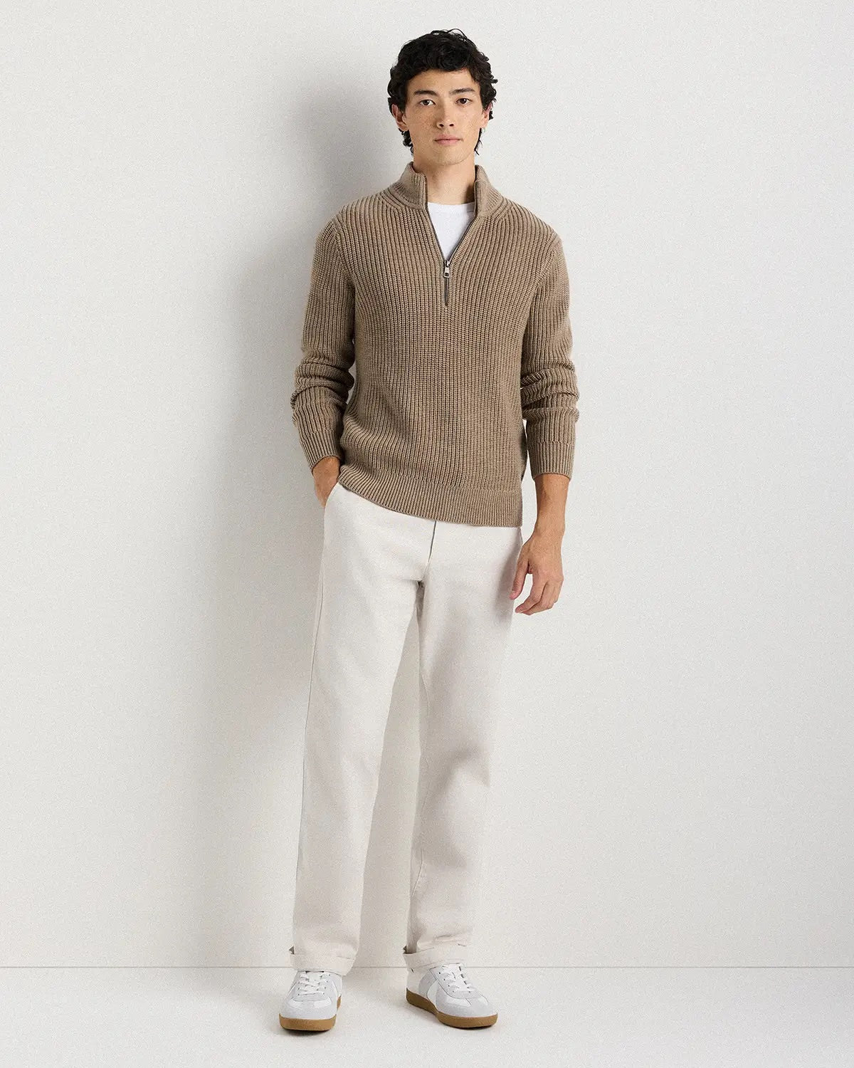 Ribbed Quarter Zip Jumper - Beige