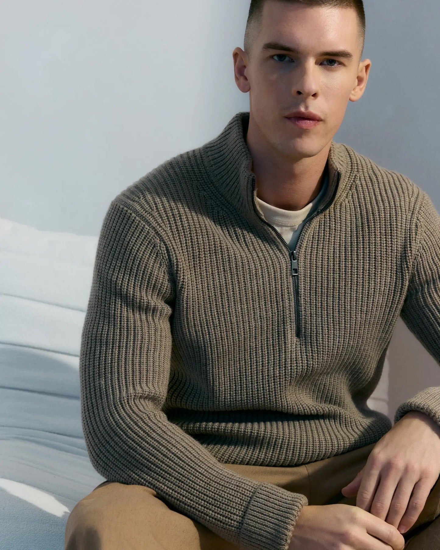 Ribbed Quarter Zip Jumper - Beige