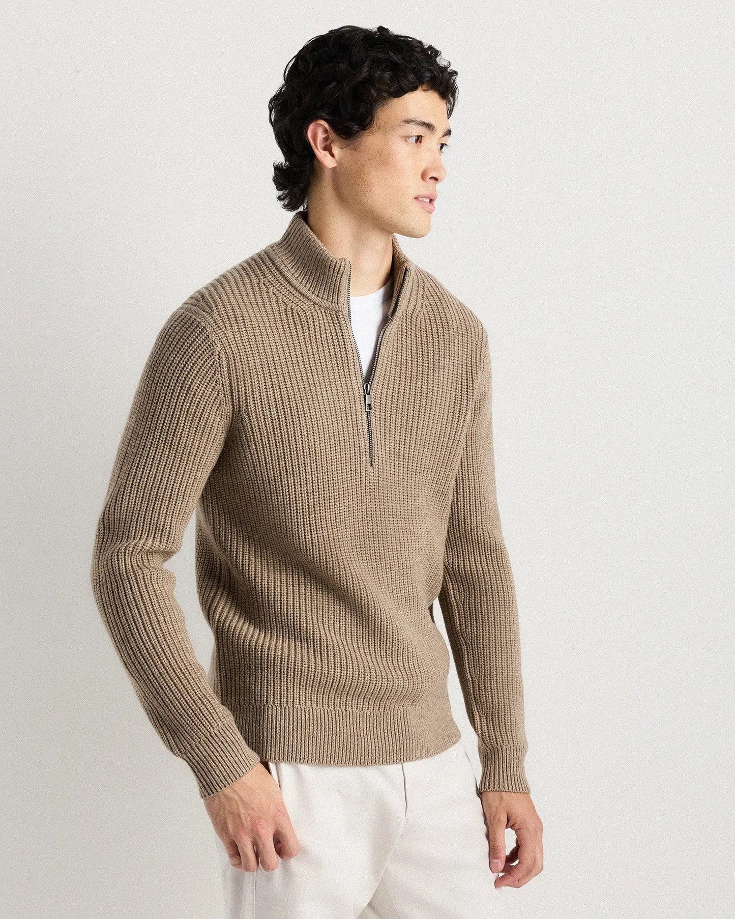 Ribbed Quarter Zip Jumper - Beige