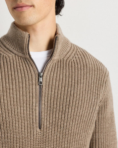 Ribbed Quarter Zip Jumper - Beige