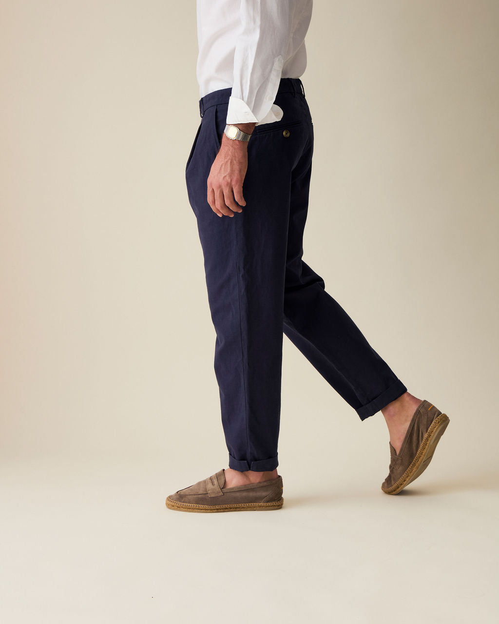 Straight Fit Linen Trousers - Navy Blue