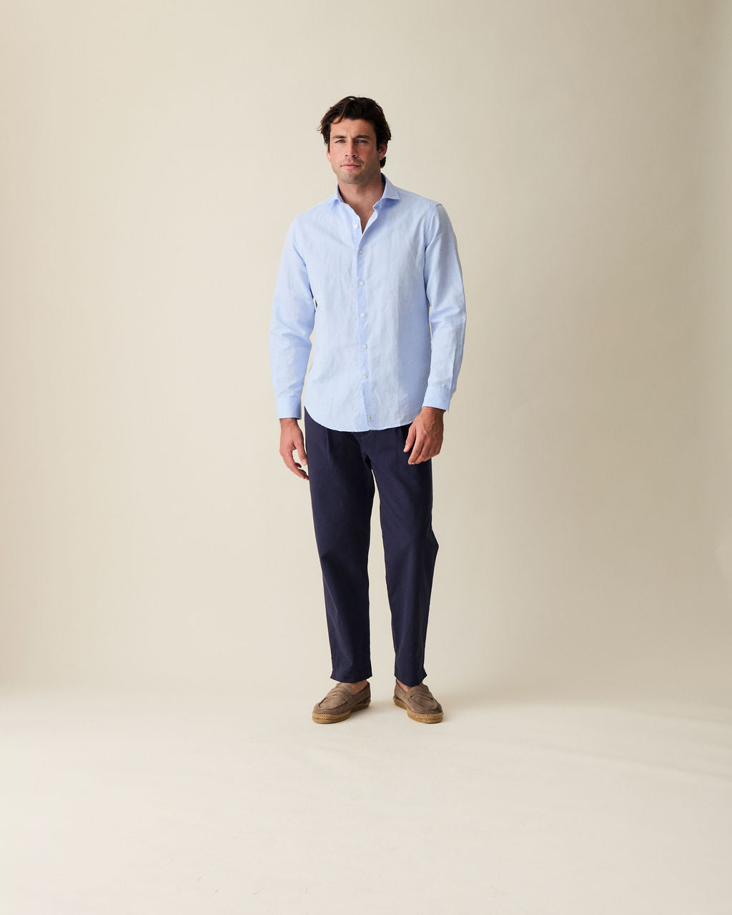 Straight Fit Linen Trousers - Navy Blue