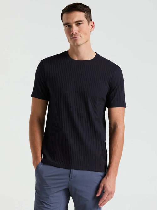 Round Neck Ribbed Blend T-Shirt - Navy Blue