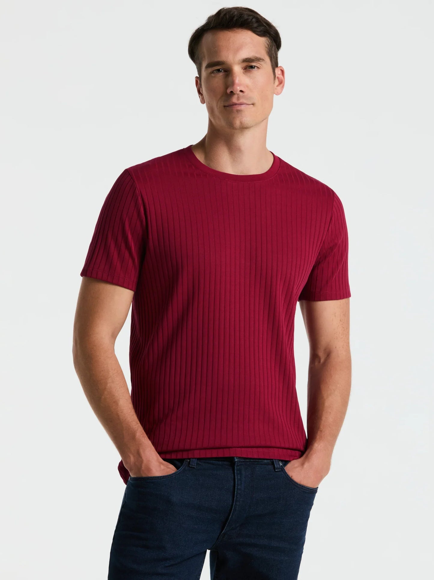 Round Neck Ribbed Blend T-Shirt - Marsala