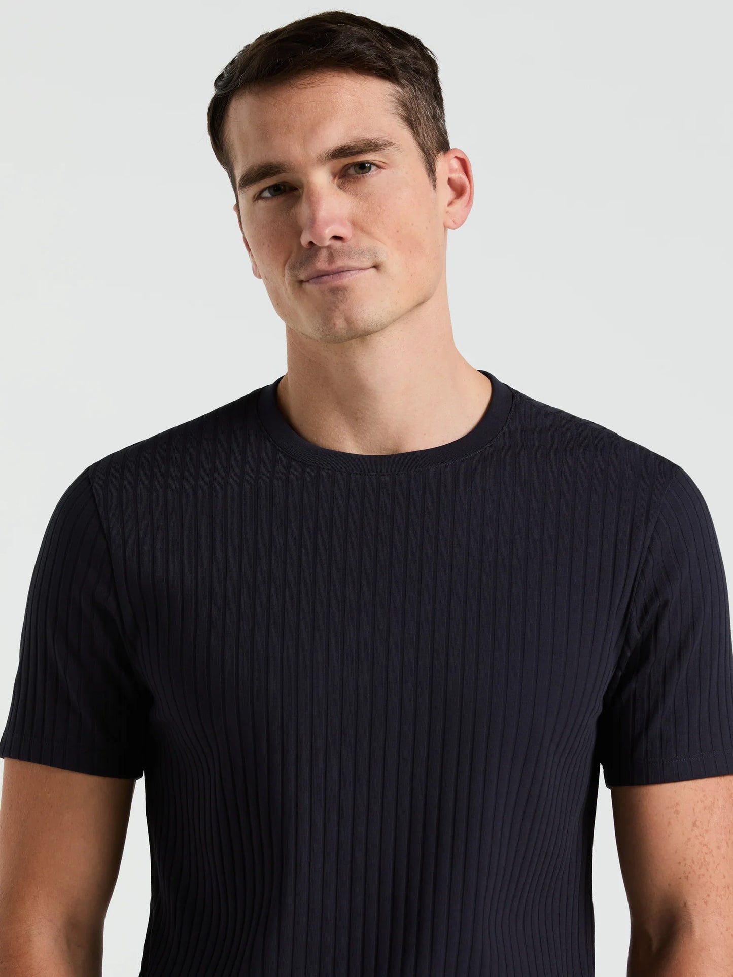 Round Neck Ribbed Blend T-Shirt - Navy Blue