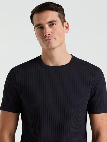 Round Neck Ribbed Blend T-Shirt - Navy Blue