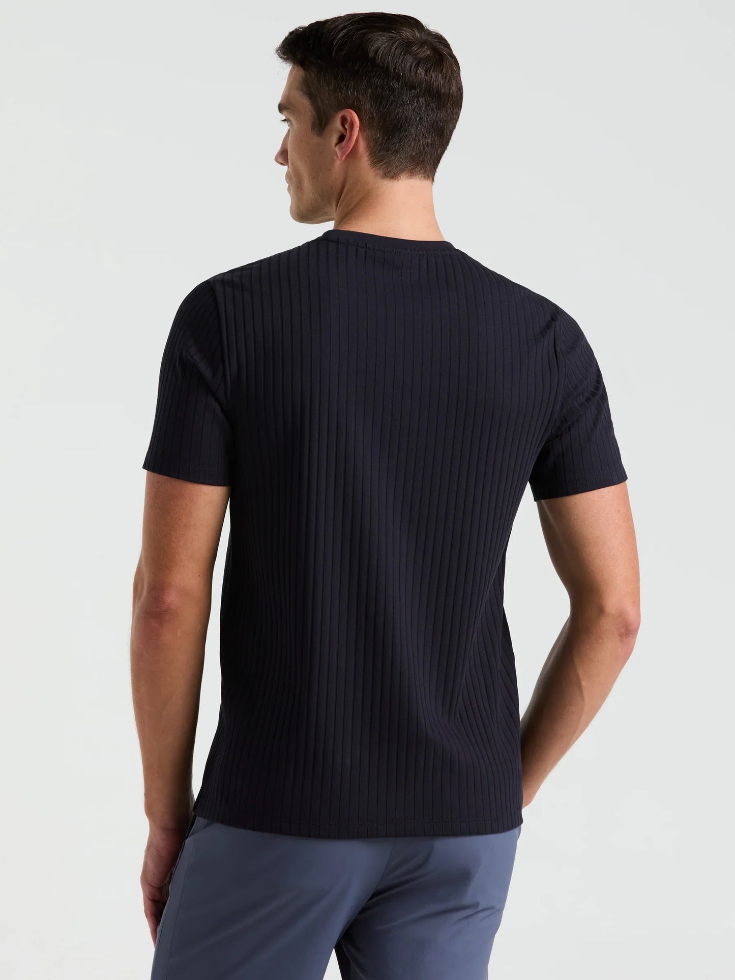 Round Neck Ribbed Blend T-Shirt - Navy Blue