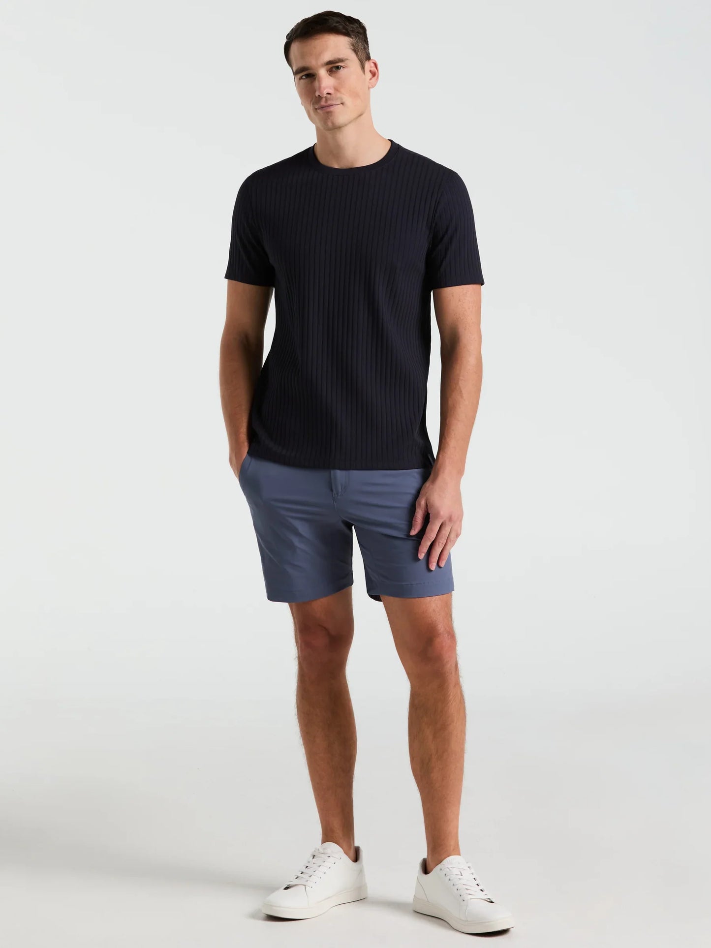Round Neck Ribbed Blend T-Shirt - Navy Blue
