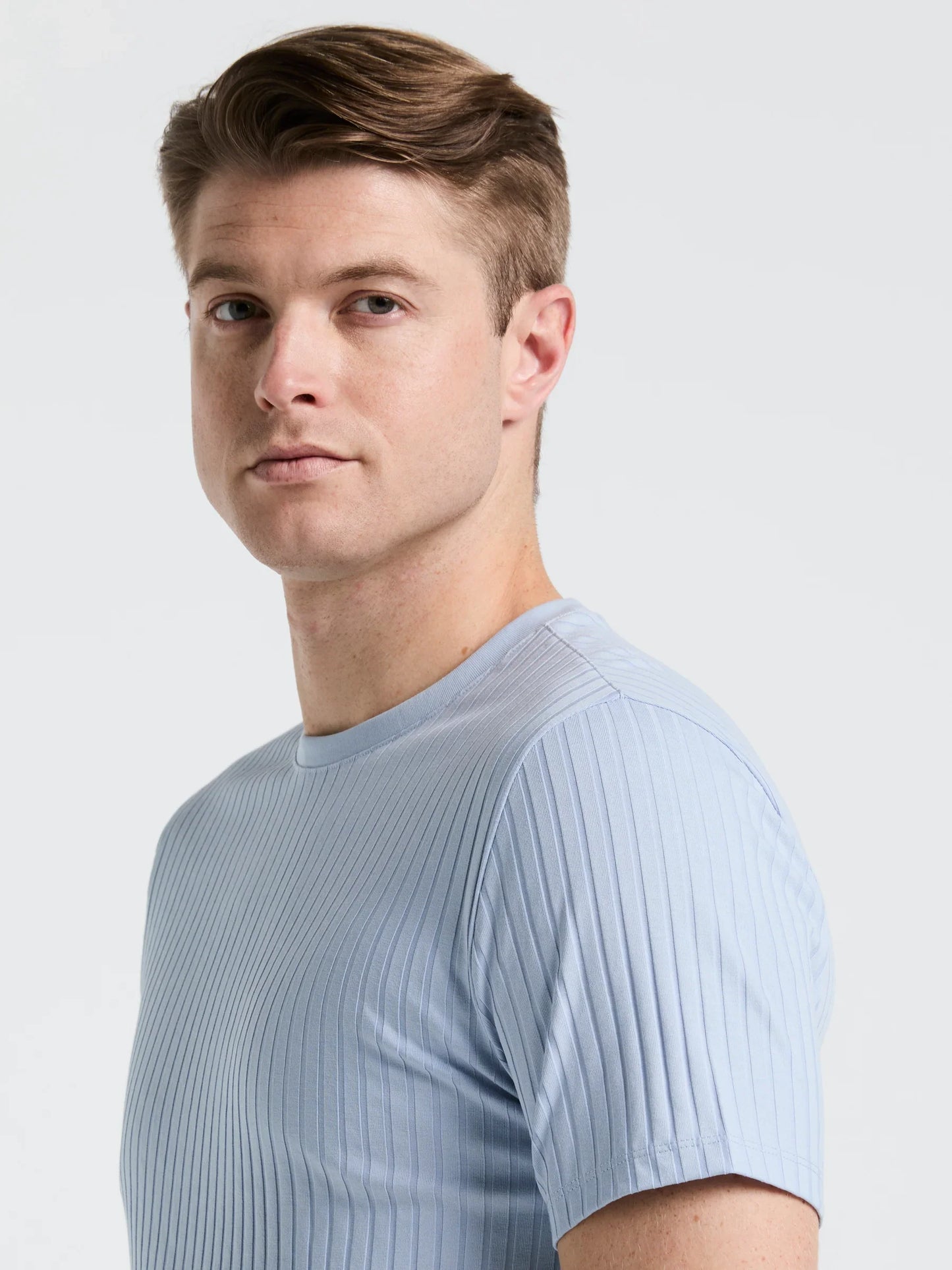 Ribbed Round Neck Blend T-shirt - Light Blue