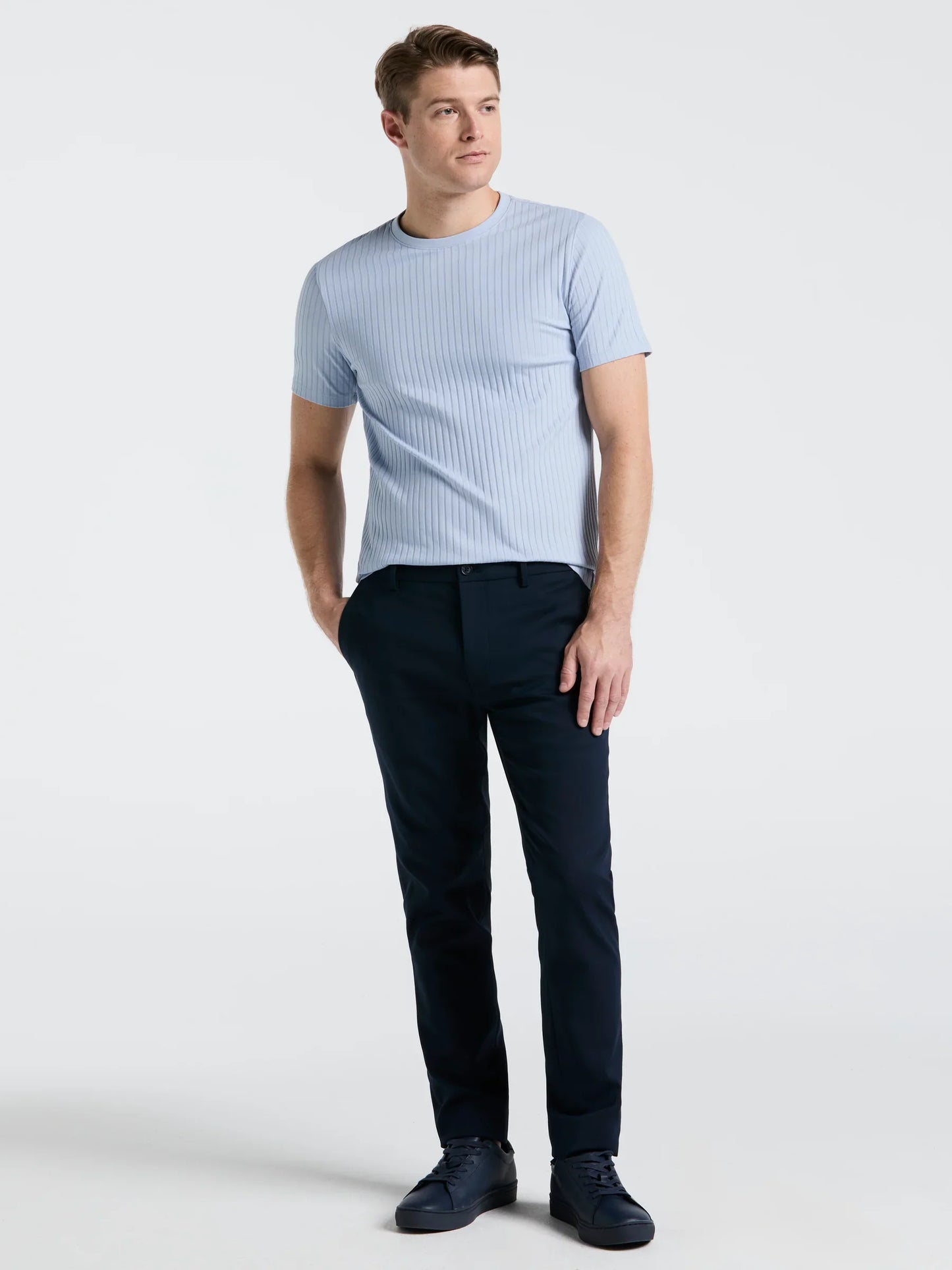 Ribbed Round Neck Blend T-shirt - Light Blue