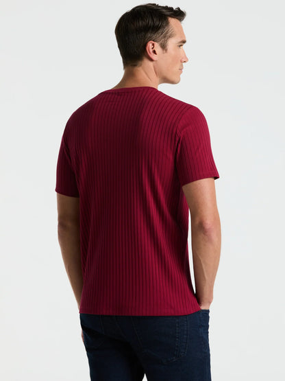 Round Neck Ribbed Blend T-Shirt - Marsala