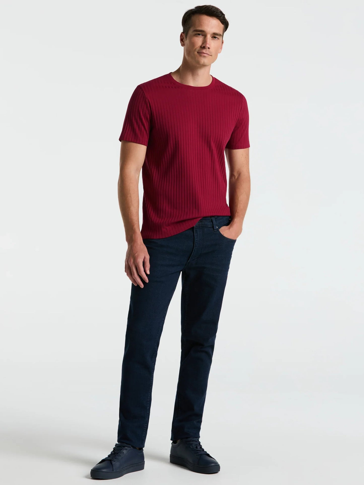 Round Neck Ribbed Blend T-Shirt - Marsala