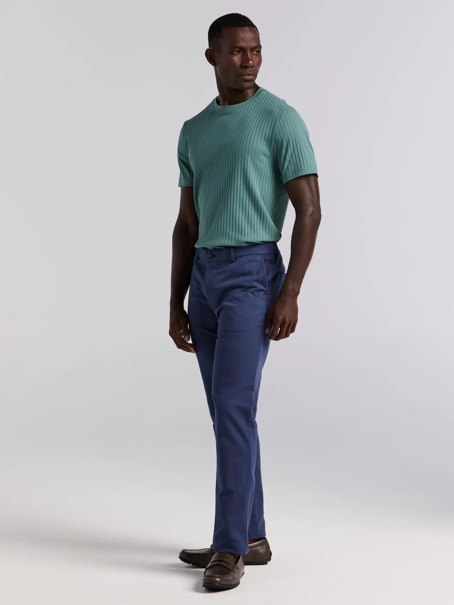 Round Neck Ribbed Blend T-Shirt - Aqua Green