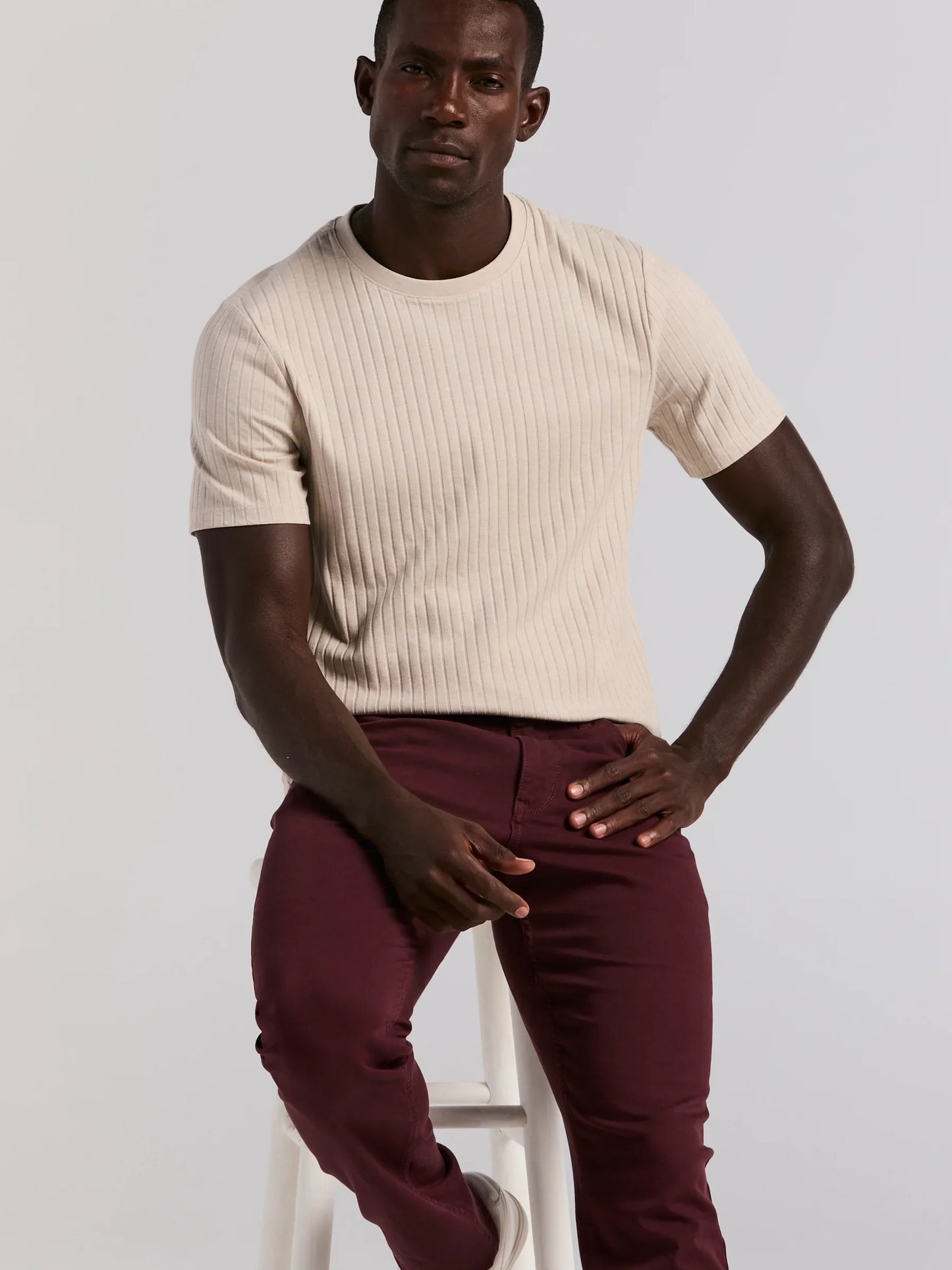 Ribbed Round Neck Blend T-Shirt - Beige