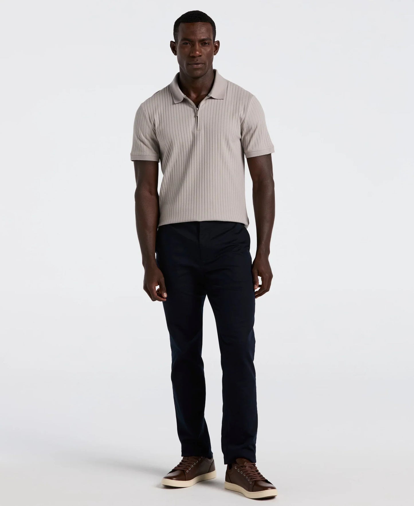 Ribbed Polo Collar Shirt with Blend Zipper - Beige