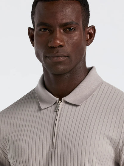Ribbed Polo Collar Shirt with Blend Zipper - Beige