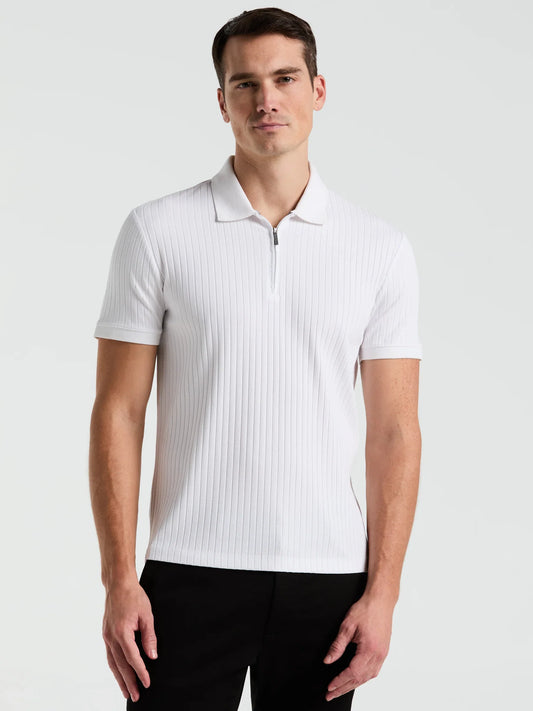 Ribbed Polo Collar Shirt with Zip Blend - White