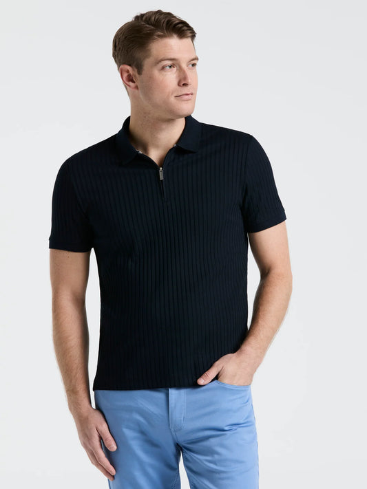 Ribbed Polo Collar Shirt with Zip Blend - Navy Blue