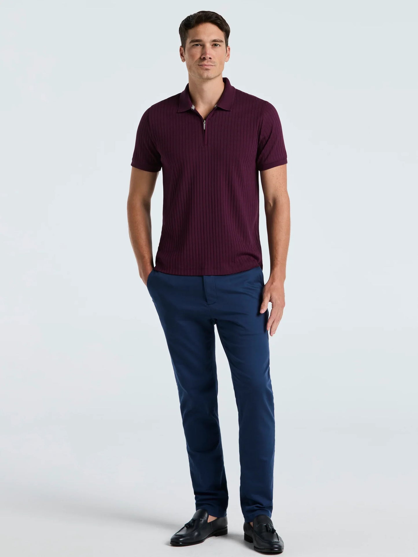 Ribbed Polo Collar Shirt with Zipper Blend - Marsala