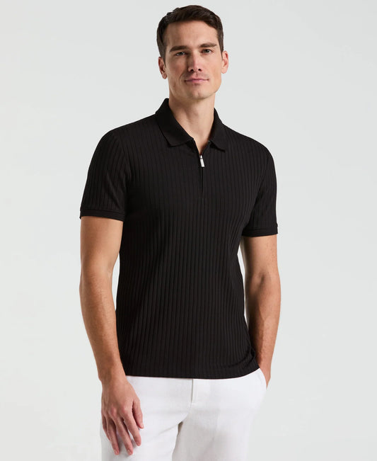 Ribbed Polo Collar Shirt with Zip Blend - Black