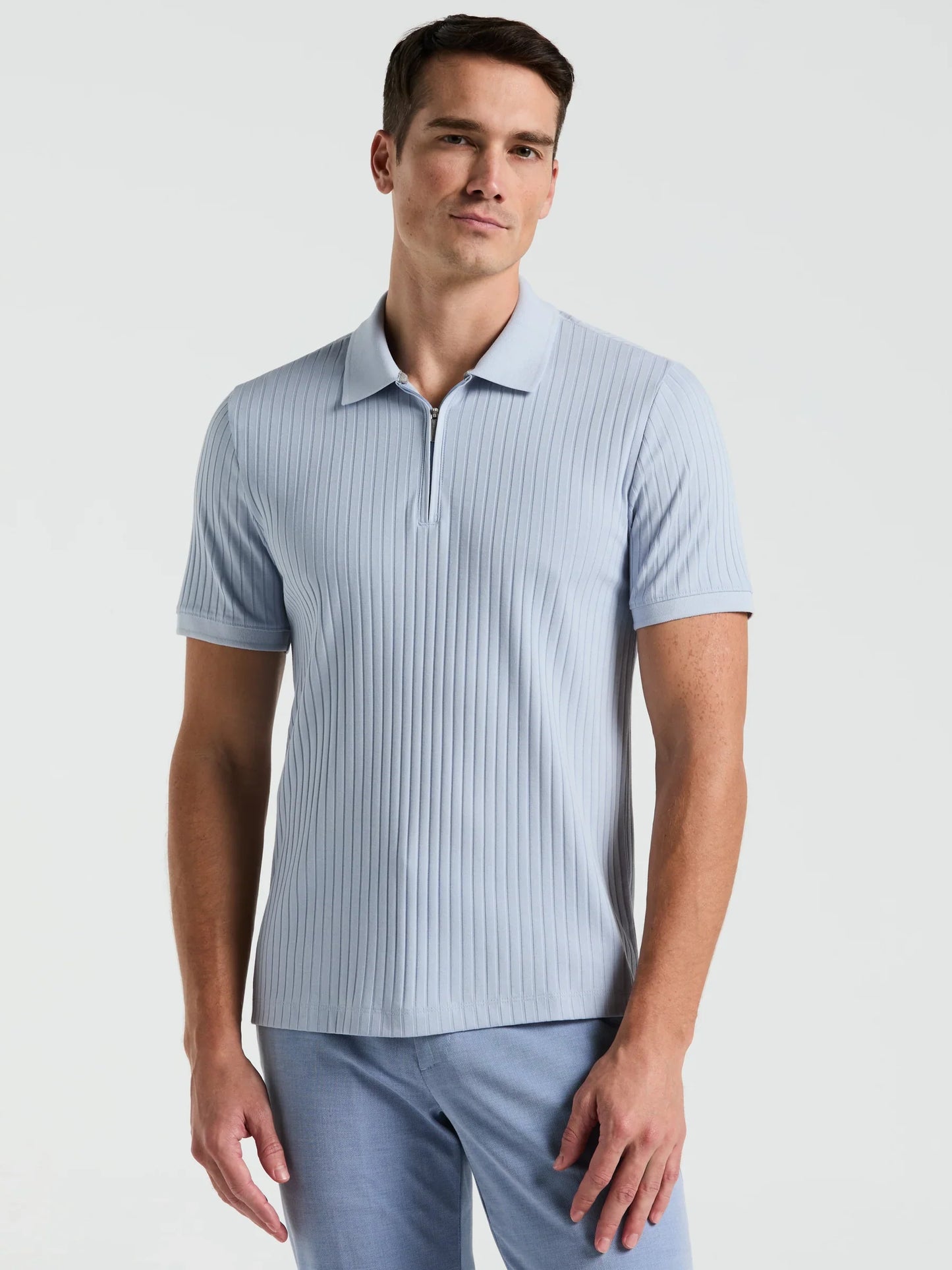Ribbed Polo Collar Shirt with Zip Blend - Light Blue