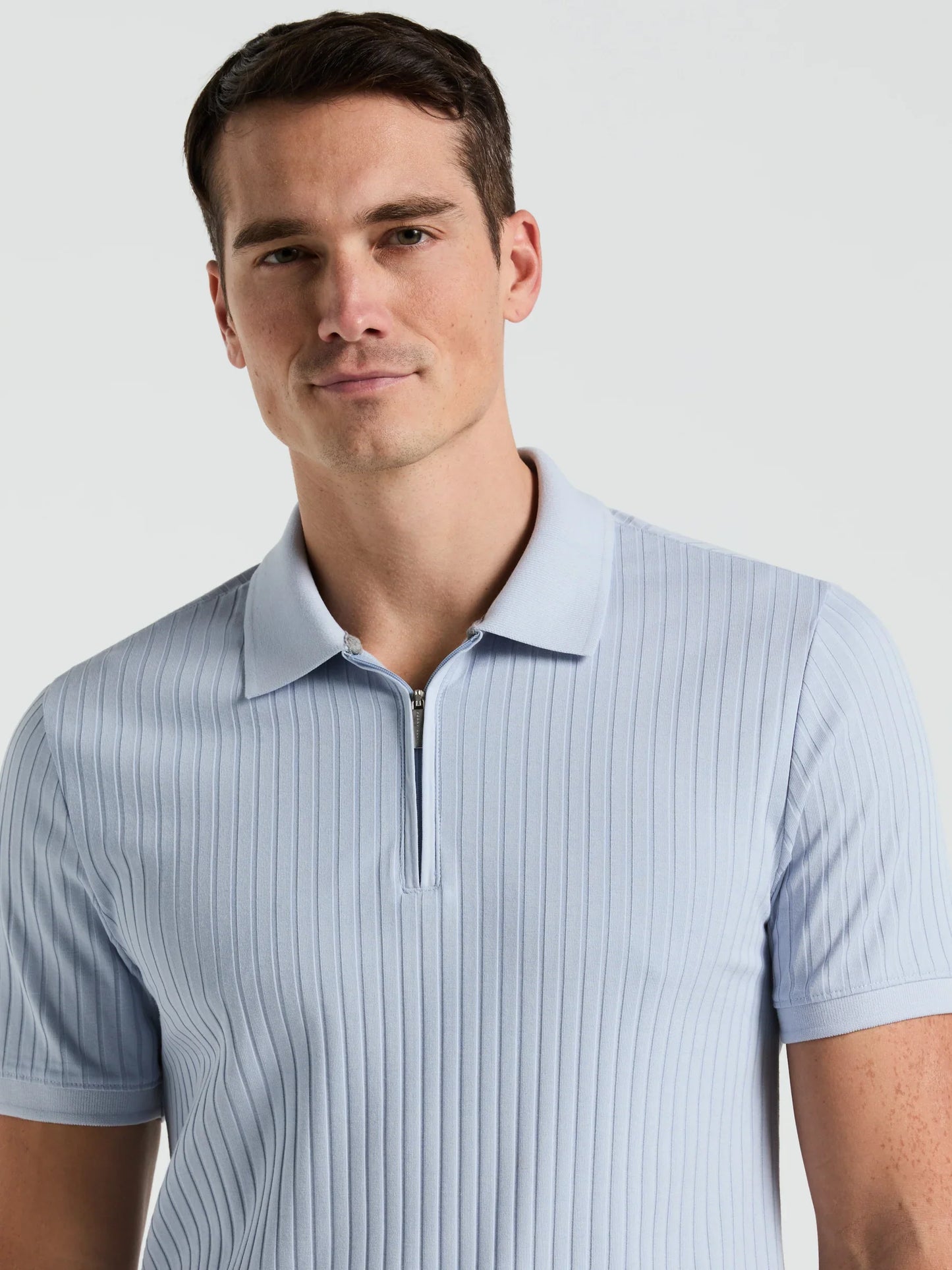 Ribbed Polo Collar Shirt with Zip Blend - Light Blue