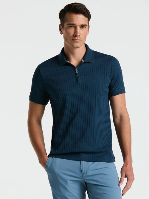 Ribbed Polo Collar Shirt with Zip Blend - Petrol Blue