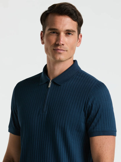 Ribbed Polo Collar Shirt with Zip Blend - Petrol Blue