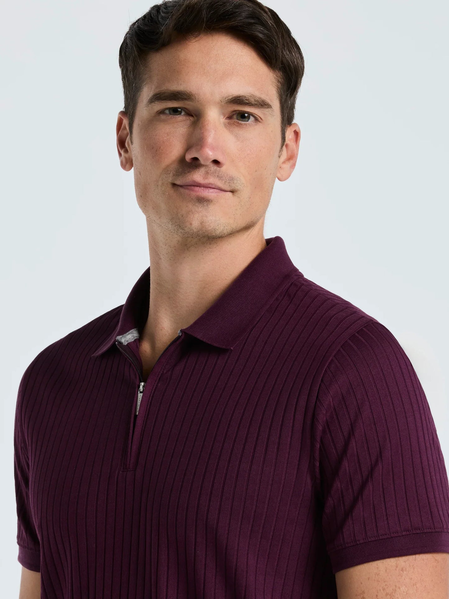 Ribbed Polo Collar Shirt with Zipper Blend - Marsala