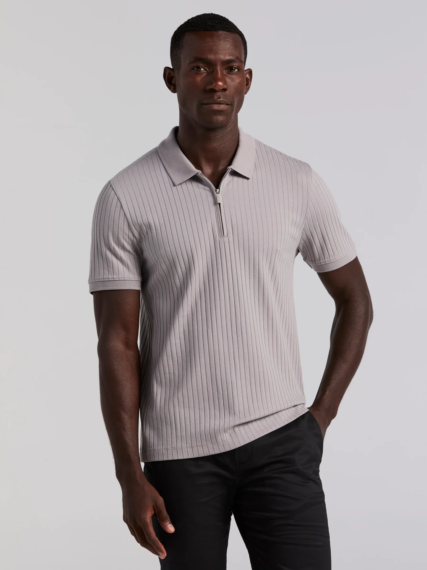 Ribbed Polo Collar Shirt with Zipper Blend - Grey