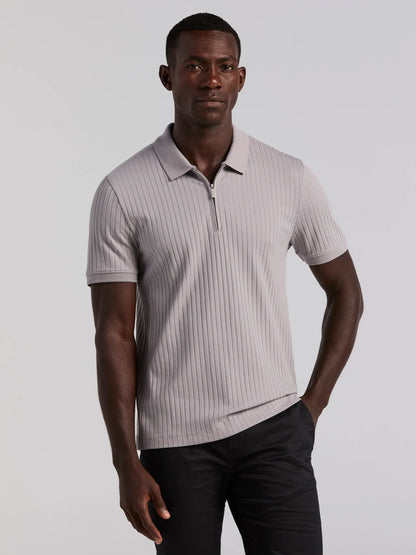 Ribbed Polo Collar Shirt with Zipper Blend - Grey