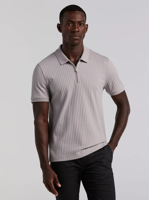 Ribbed Polo Collar Shirt with Zipper Blend - Grey