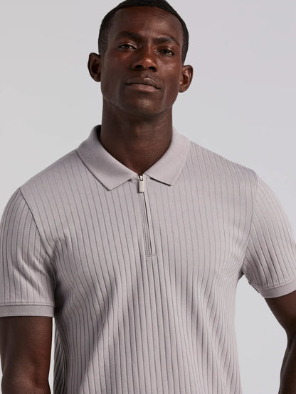 Ribbed Polo Collar Shirt with Zipper Blend - Grey