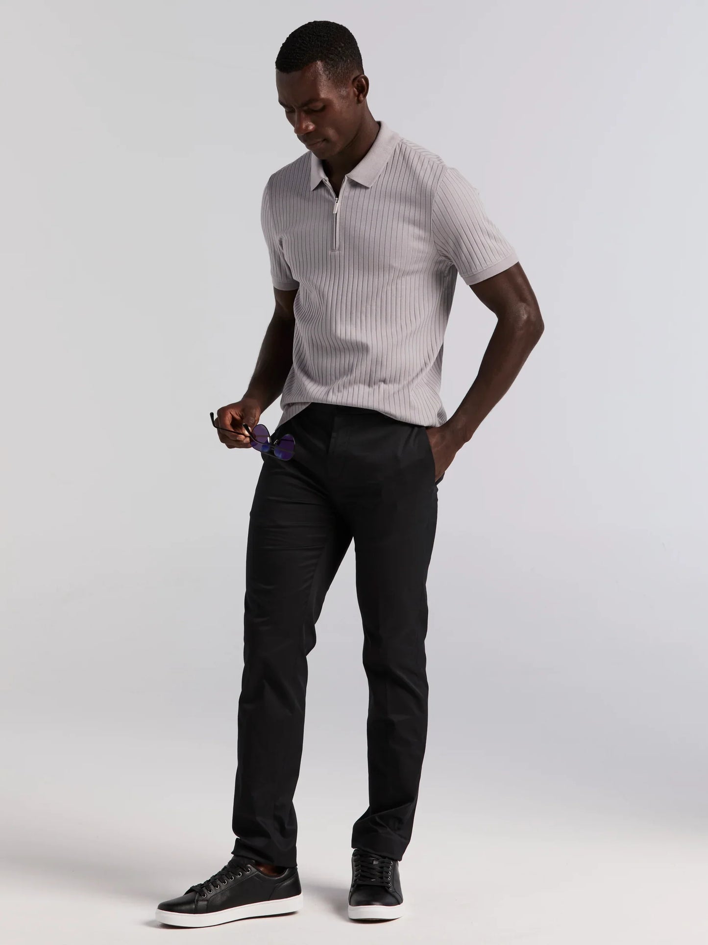 Ribbed Polo Collar Shirt with Zipper Blend - Grey