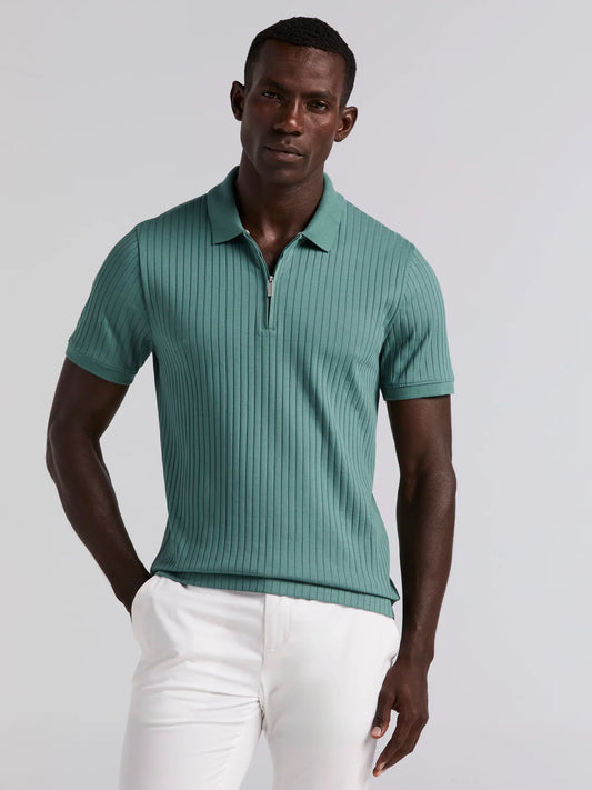 Ribbed Polo Collar Shirt with Zipper Blend - Aqua Green