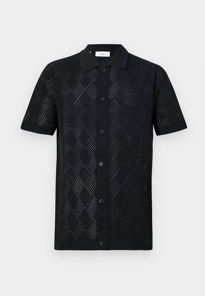 Polo Collar Shirt with Knitted Texture - Black