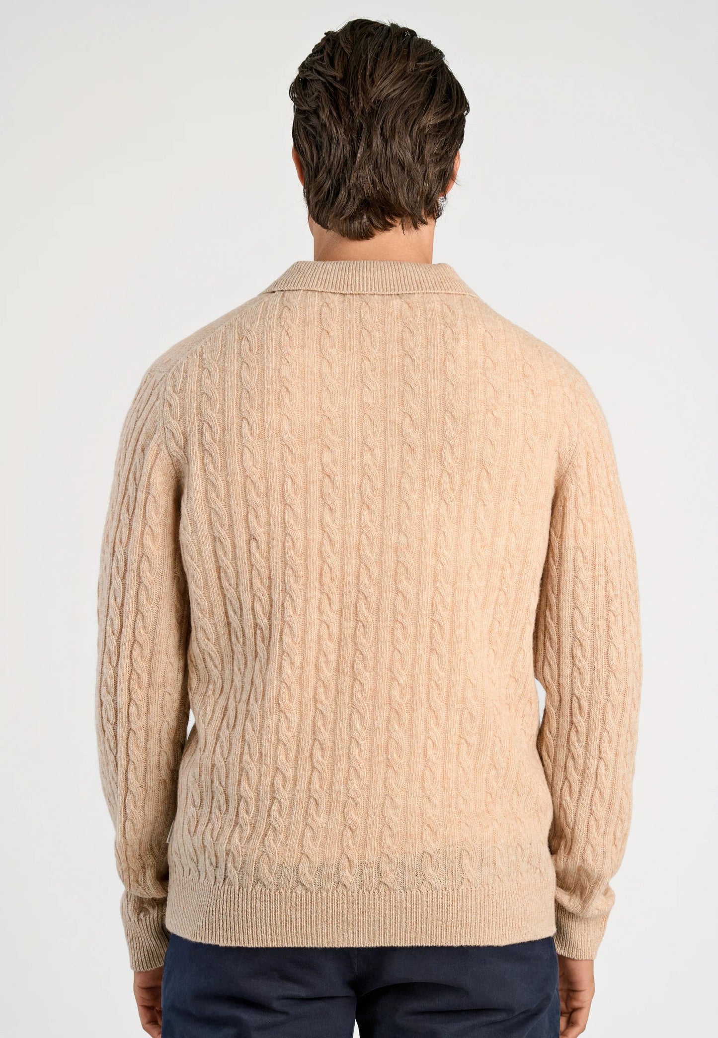 Men's Knitted Long Sleeve Polo Shirt - Beige