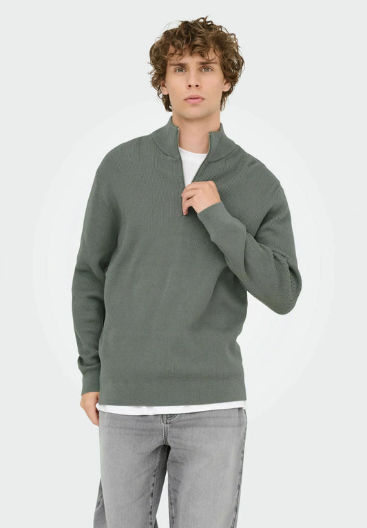 Textured Comfort Jumper with High Neck and Zip - Moss Green
