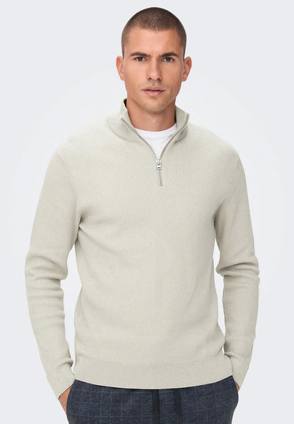 Textured Comfort Jumper with High Neck and Zip - Beige