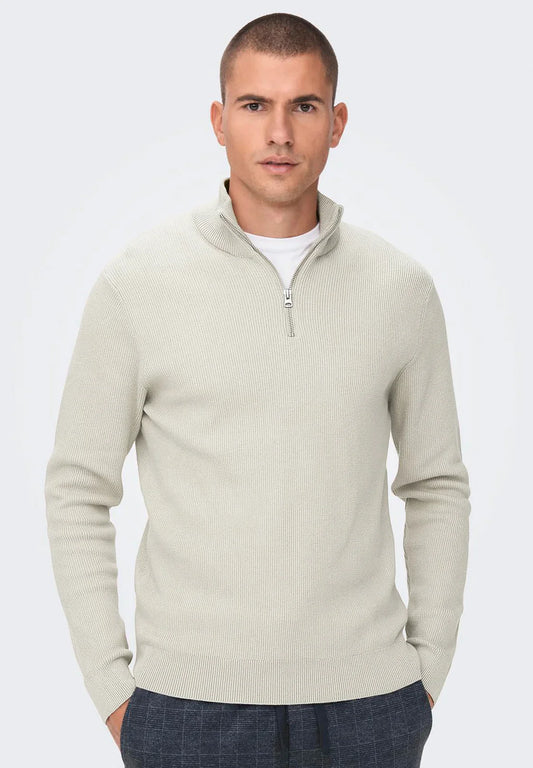 Textured Comfort Jumper with High Neck and Zip - Beige