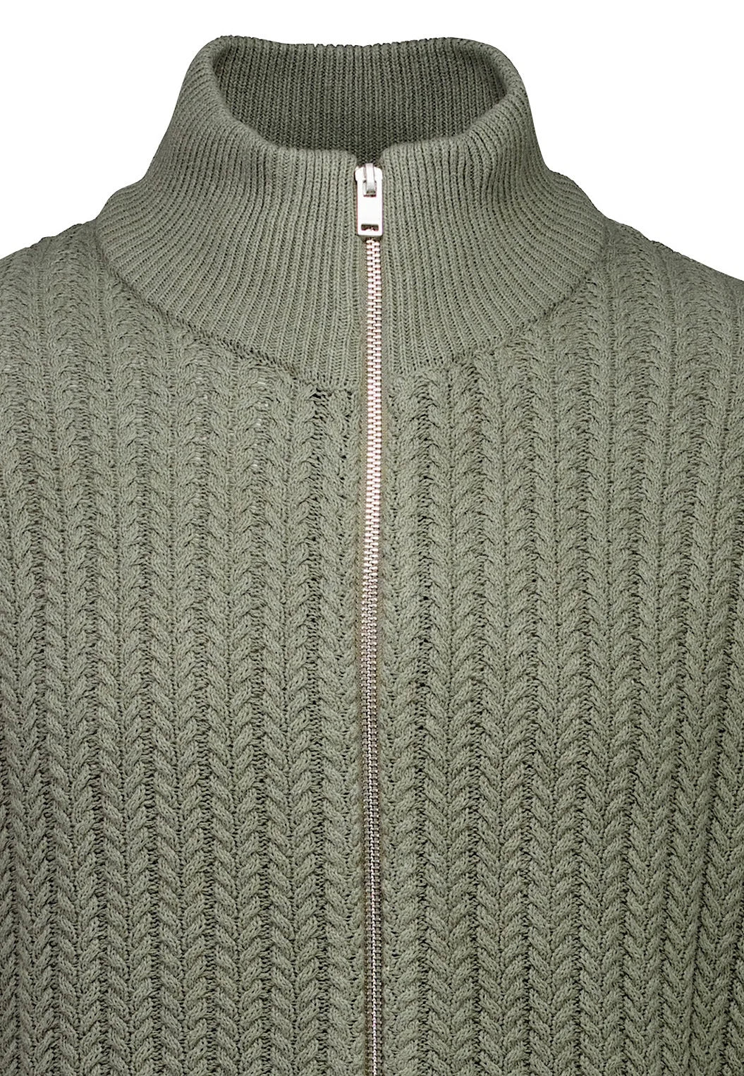 Textured Knitted Cardigan with High Neck and Zip - Moss Green
