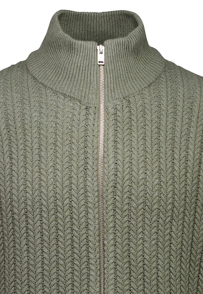 Textured Knitted Cardigan with High Neck and Zip - Moss Green