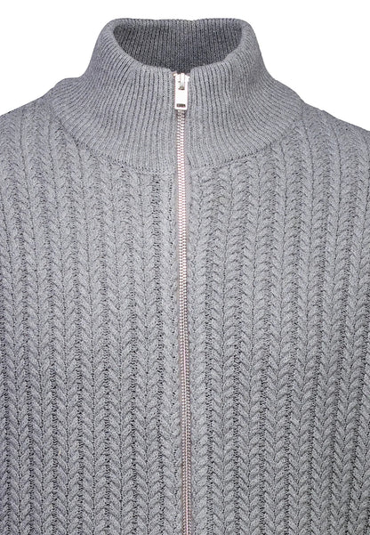 Textured Knit Cardigan with High Neck and Zipper - Grey