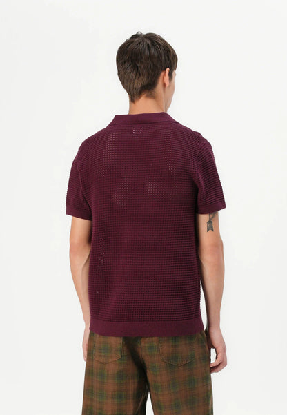Polo Collar Shirt with Knit Texture - Wine