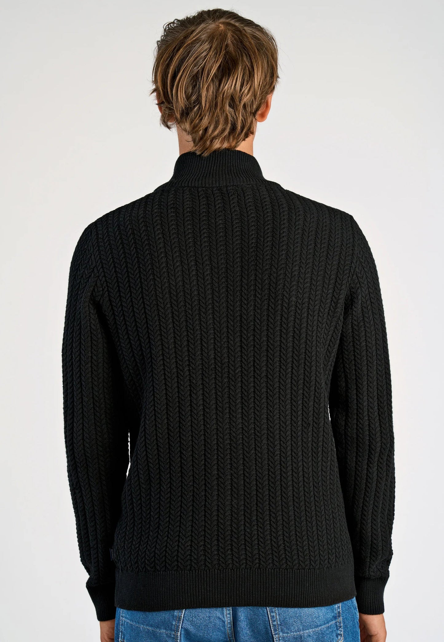 Textured Knit Cardigan with High Neck and Zipper - Black