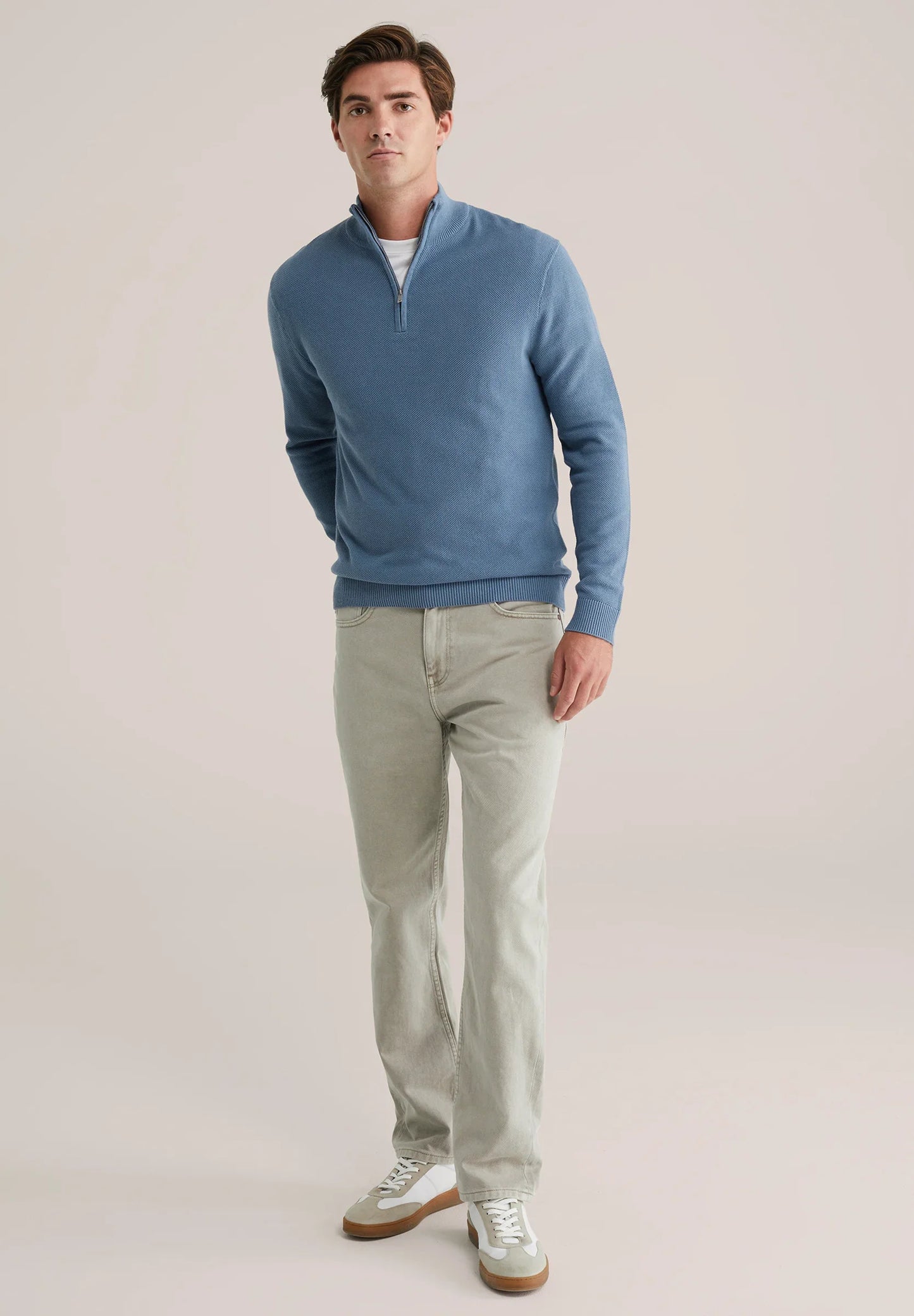 Men's Cotton Jumper with Troyer Collar and Zip - Light Blue