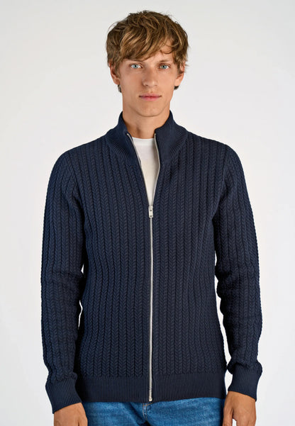 Textured Knit Cardigan with High Neck and Zipper - Navy Blue